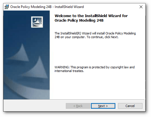 The Welcome page in the InstallShield Wizard for Oracle Policy Modeling