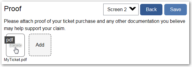 An uploaded file with a Delete option