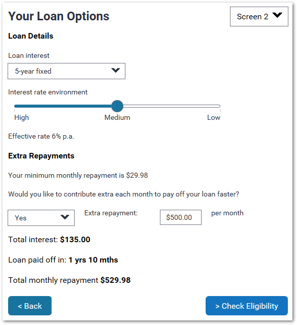 The Your Loan Options screen in the Loan Advisor interview showing the dynamic calculations of values based on data entered earlier on the screen