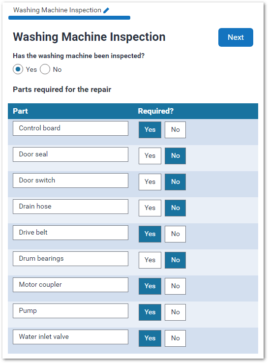 A screen in an interview collecting the parts required for a washing machine repair