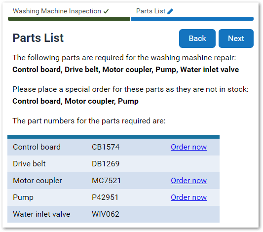 A screen in an interview displaying the list of parts required for a washing machine repair