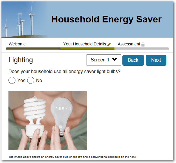 An interview screen in the Energy Saver example project