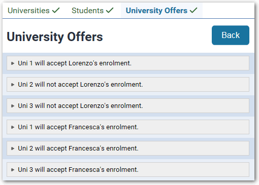 An interview showing different outcomes inferred for each combination of university and student