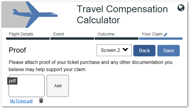 The appearance of an upload control that is downloadable, on an interview screen once a file has been uploaded