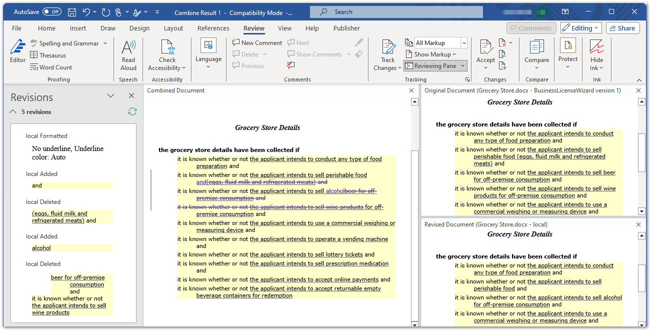 View Differences In Word Rule Document Versions