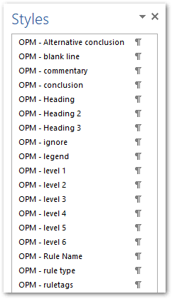 The list of OPM styles in Microsoft Word