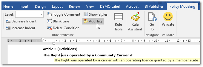 The Add Tag button in Word