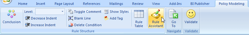 The Rule Assistant button on the Oracle Policy Modeling ribbon in Microsoft Word.