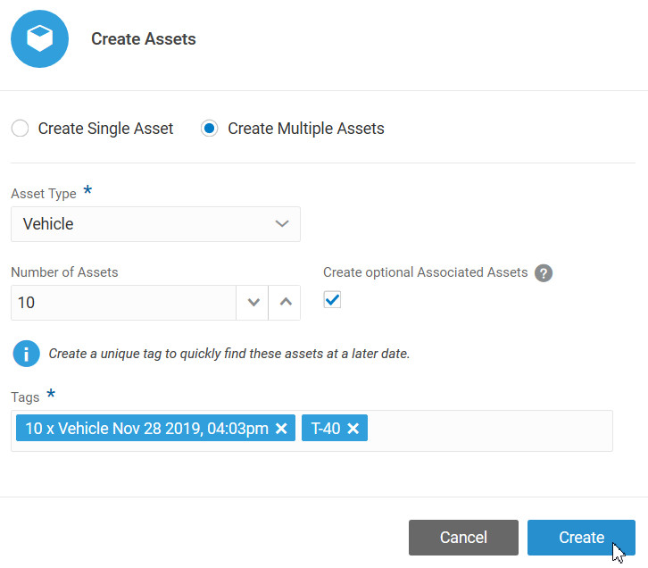 Create Assets Dialog with Create Button