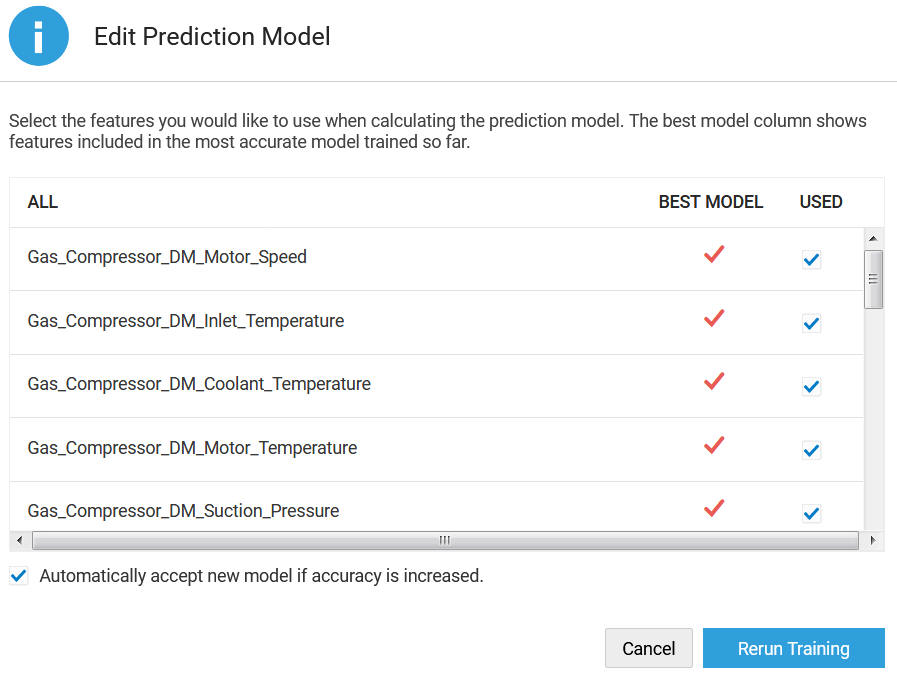 Edit Prediction Model dialog with feature list.