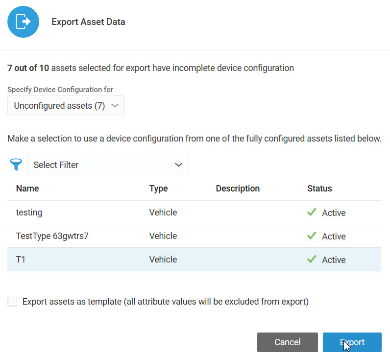 Export Asset Data dialog with one fully-configured asset selected