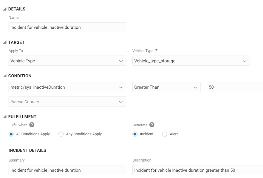 Create rule UI to detect inactive vehicles by raising incidents
