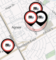 map showing vehicles with incidents