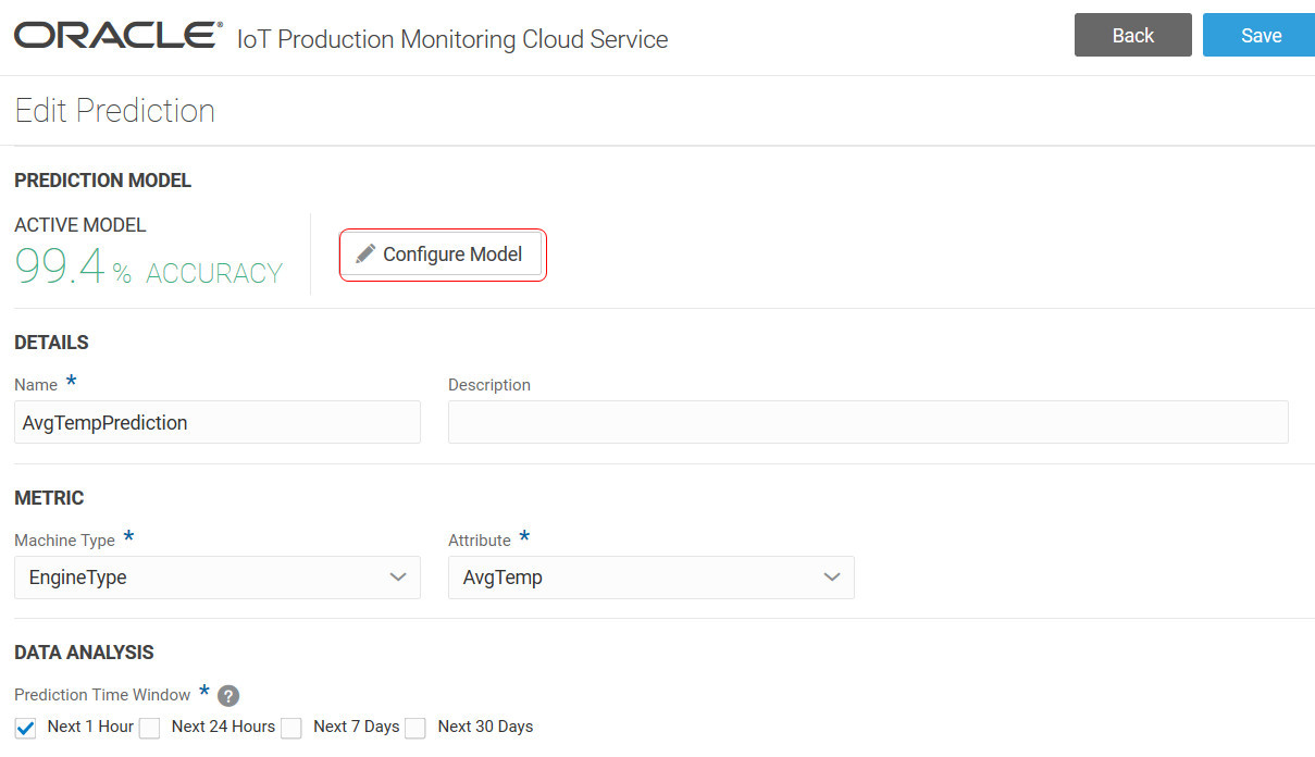 Configure Model button on Edit Prediction page. Described in text.