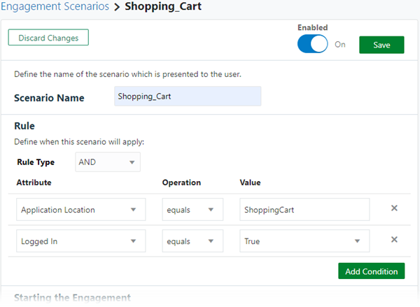 The image shows the rules section where you can configure rules when you create or edit an engagement scenario. The fields and options shown on the interface are described in the text.
