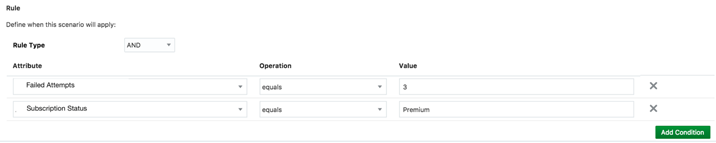 Shows an example of the Live Experience Admin Console where an administrator can create and configure one or more engagement rules on an engagement scenario.