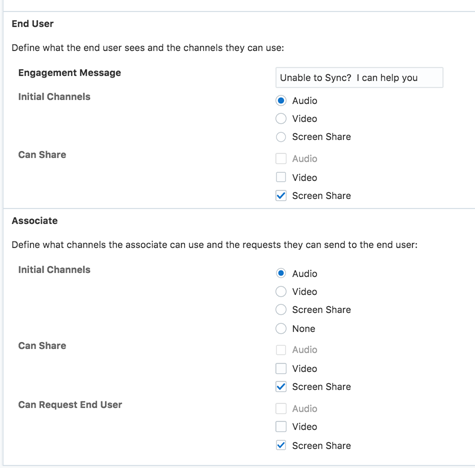 Shows the digital channels configured on this example engagement scenario. In this example, the engagement starts as an audio call for both the customer and the associate. The customer is able to share his screen at any time. The associate can also share their screen at any time, and can also ask them customer to share their screen.