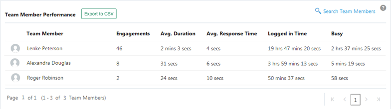 Shows sample Team Member Performance data, revealing engagements, average duration, average response time, logged in time, and busy time by user.