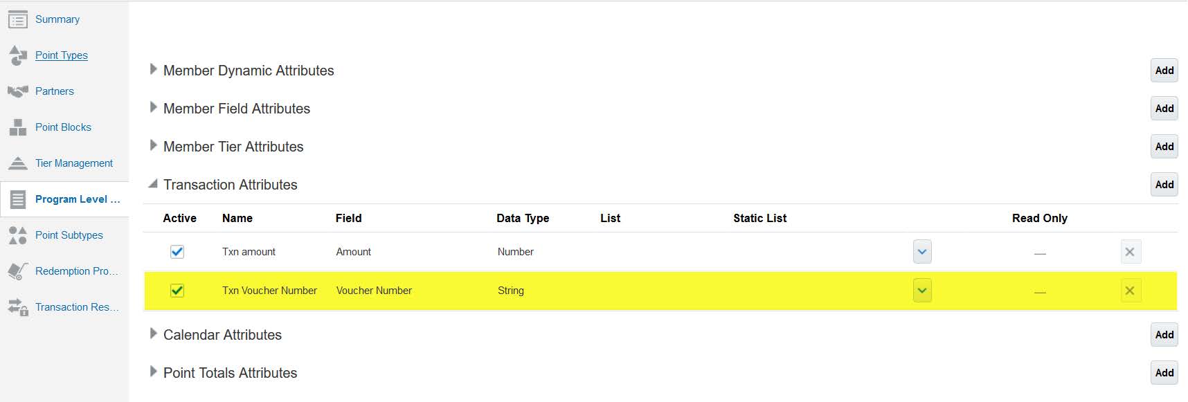 This image shows an example of Program Level Attribute setup.