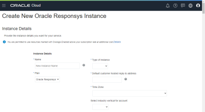 My Services Create New Oracle Responsys Instance - Instance Details page