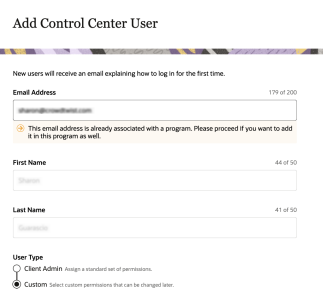 Screenshot showing Add Control Center User