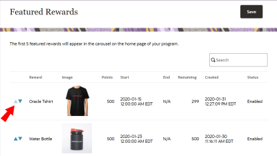 Screenshot showing the up and down arrow on the Featured Rewards page