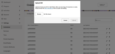 Screenshot showing the Upload CSV popup