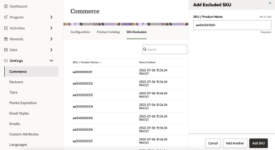 Screenshot showing the Add excluded sku sidebar menu