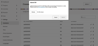 Screenshot showing the Upload CSV popup 