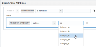 Screenshot illustrating type-ahead search for attribute values in a custom table filter