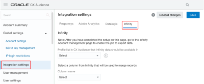 An image of the Oracle Infinity integration settings