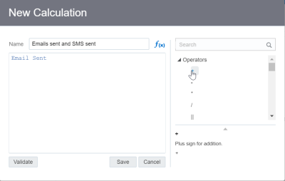 An image of the of the functions panel in the New Calculation panel
