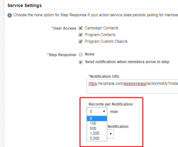 An image of the service setting page, where Records per Notification is highlighted