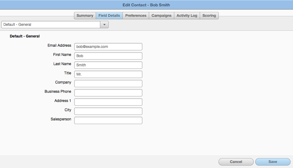 Screenshot from Eloqua UI showing Edit Contact screen