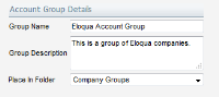 Account Group Details view with Group Name, Group Description, and Place In Folder. 