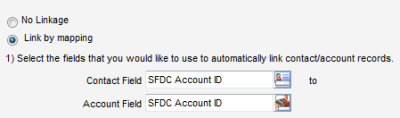 An image of the Link by Mapping option. The Contact Field and Account Field are both set to a CRM Account ID.
