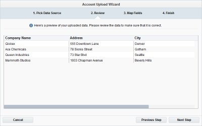 An image of the Account Upload Wizard window. It shows step two, which is under the Review tab.