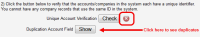 An image of the Unique Account Validation with a failed validation. The red x icon is highlighted with a red box. The show button is highlighted with a red arrow and a message that reads 'click here to see duplicates.'