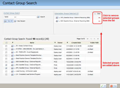 An image of the Contact Group Search window. The clear buttons are highlighted by a red box with a message that reads 'click to remove selected groups from the list.' There is also a red arrow pointing from the Contact Group Search results towards the Subscription Groups Selected area with a message that reads 'selected groups are added above.'
