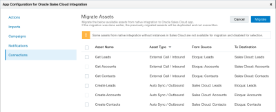 An image of the Migrate Assets page, where you can select assets that you want to migrate for this connection.