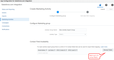 An image of the Marketing Activities' export group's contact field selector