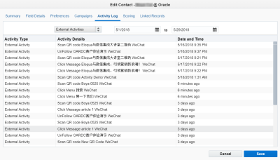 An image of the Activity Log tab of an Eloqua contact showing the external activity logged for QR code scans