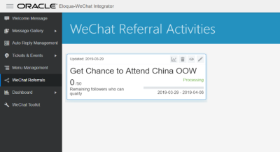 An image of the WeChat Referral Activities page displaying the newly created activity
