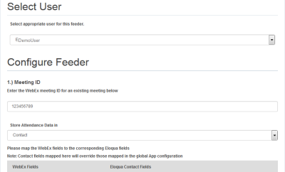 An image of the WebEx Meeting/Event Attended Feeder Configuration screen.