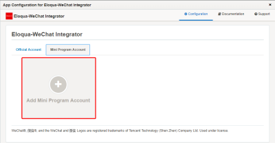 An image of the Eloqua-WeChat Integrator app configuration page showing the Mini Program Account tab.