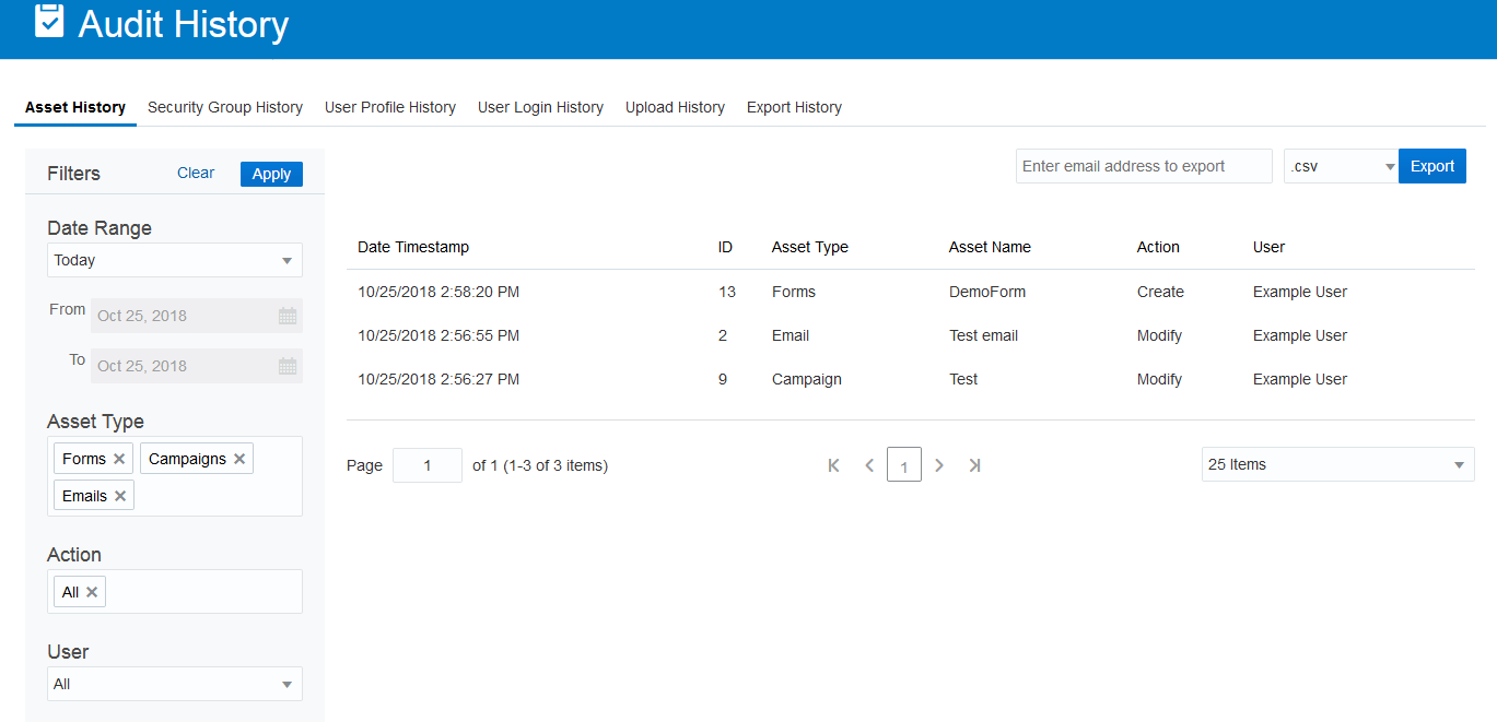 The Oracle Eloqua. log shows a history of changes to different areas of Ora...