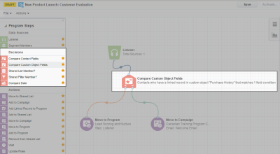 An image of the Decision steps with the Compare Custom Object Fields step on the canvas.