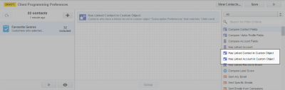 An image of the Has Linked contact in Custom Object and Has Linked Account in Custom Object filter criteria.