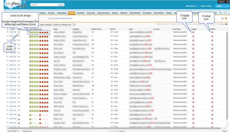 An image of the Salesforce page with labels showing the lead score, the Engage icon, and the Profiler icon.