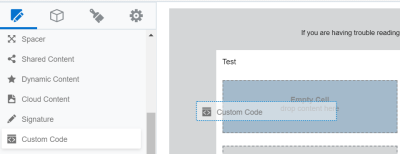 An image showing a code block being added to an email using the Design Editor